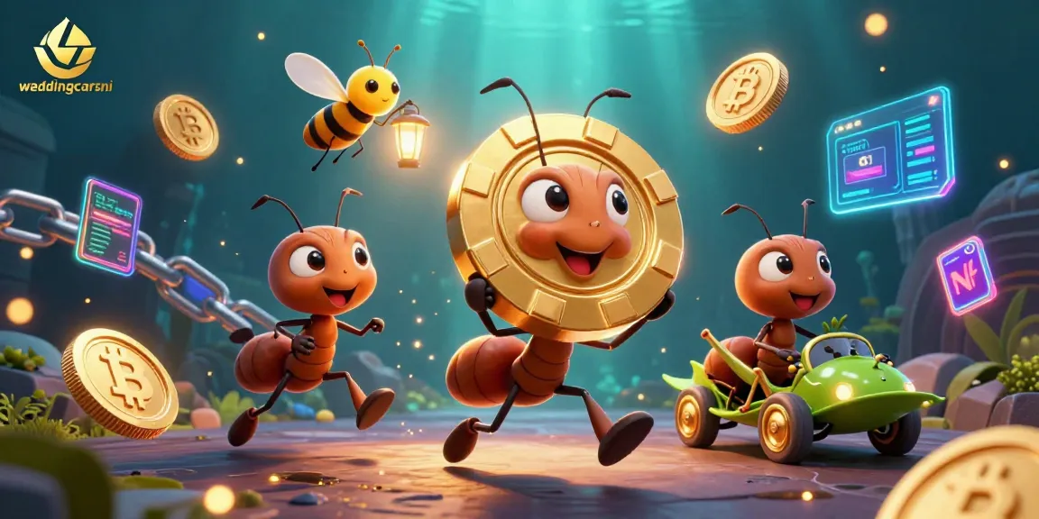 weddingcarsni showcases a dynamic 3D scene of ants in a heist carrying a giant poker chip amidst vibrant casino elements.
