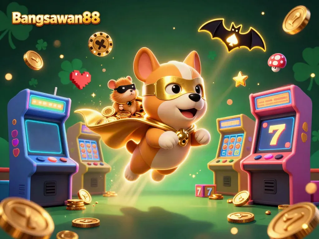 Bangsawan88 showcases a superhero dog and hamster amidst colorful slot machines, capturing the thrill of online gambling.