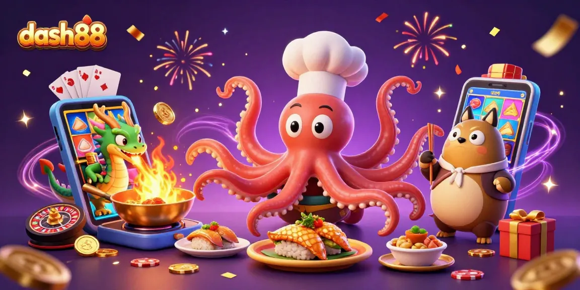 Experience thrilling games at dash88 with a cartoon octopus chef and a dragon over golden winnings.