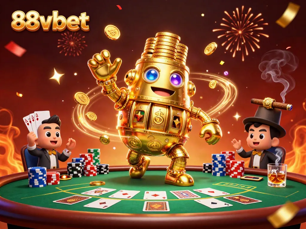 Experience thrilling gameplay with 88vbet's animated golden golem amidst poker excitement in a lavish casino