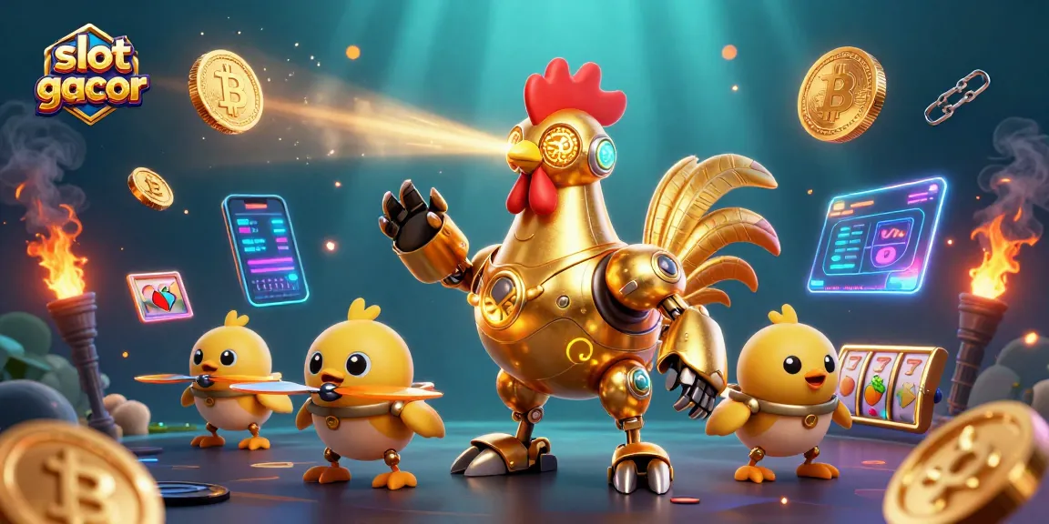 Menampilkan slot gacor dengan robot ayam emas tiga dimensi yang menembakkan laser, dikelilingi koin digital berkilau.