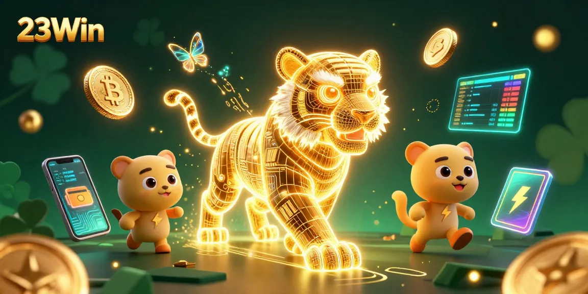 Experience thrilling wins at 23Win with a vibrant digital casino scene featuring high-energy characters and cryptocurrency elements.