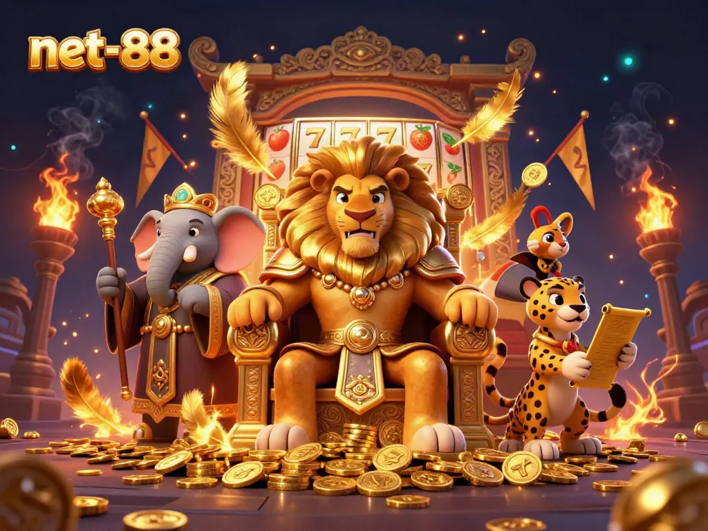 Experience the excitement of net-88 with a dynamic illustration of a lion king and casino elements.