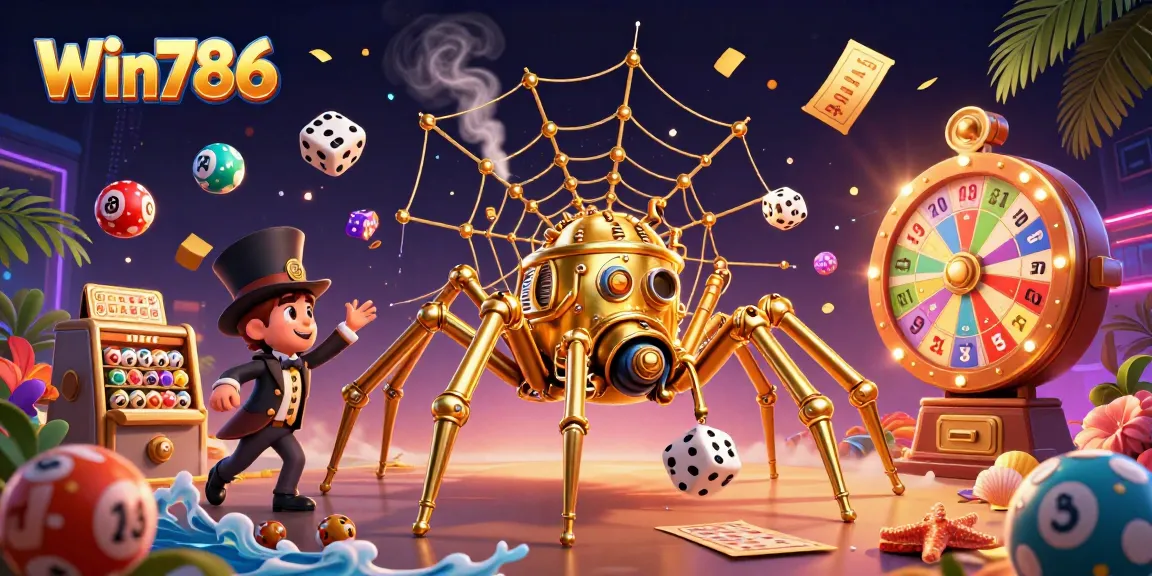 Engage with Win786's vibrant gambling world featuring colorful lottery elements and a steampunk spider.