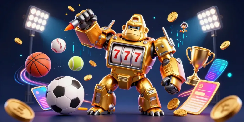S666 transforms into a dynamic gaming adventure with a golden gorilla mech amidst flying sports elements and glowing visuals.
