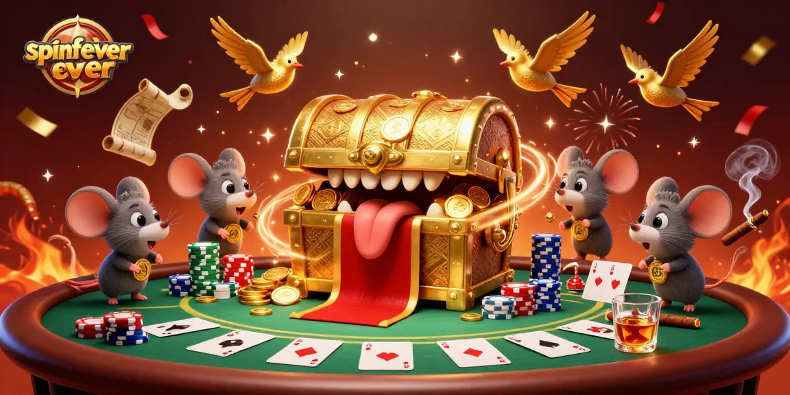 Experience spinfever thrills with spinning reels and vibrant poker action in this lively casino illustration.