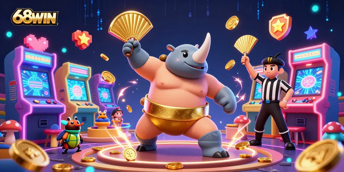 Experience thrilling moments with 68WIN as the rhinoceros beetle champion takes center stage in this vibrant casino illustration.
