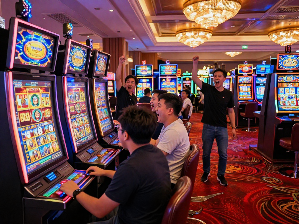 Players celebrating a slot gacor win in a lively casino atmosphere