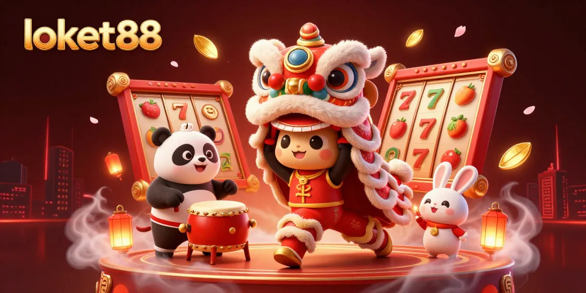 Spin to win with loket88 as the festive lion dance entertains amidst vibrant casino elements.