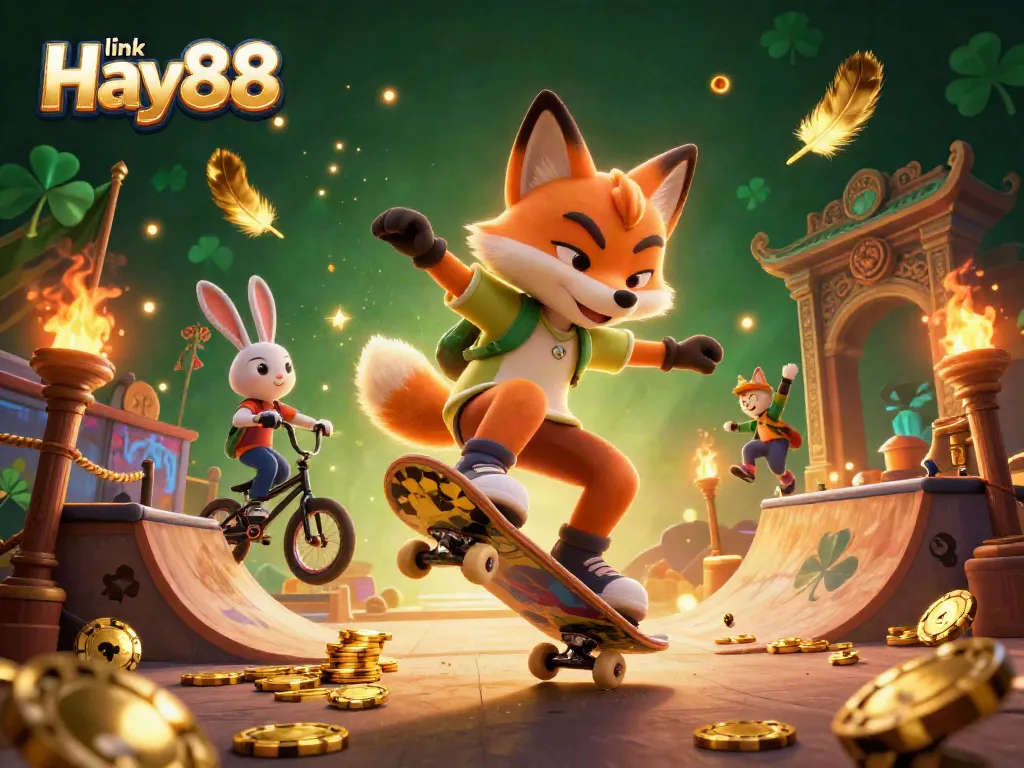 Catch the thrilling excitement at link Hay88 with a dynamic cartoon scene blending casino adventures and vibrant characters.