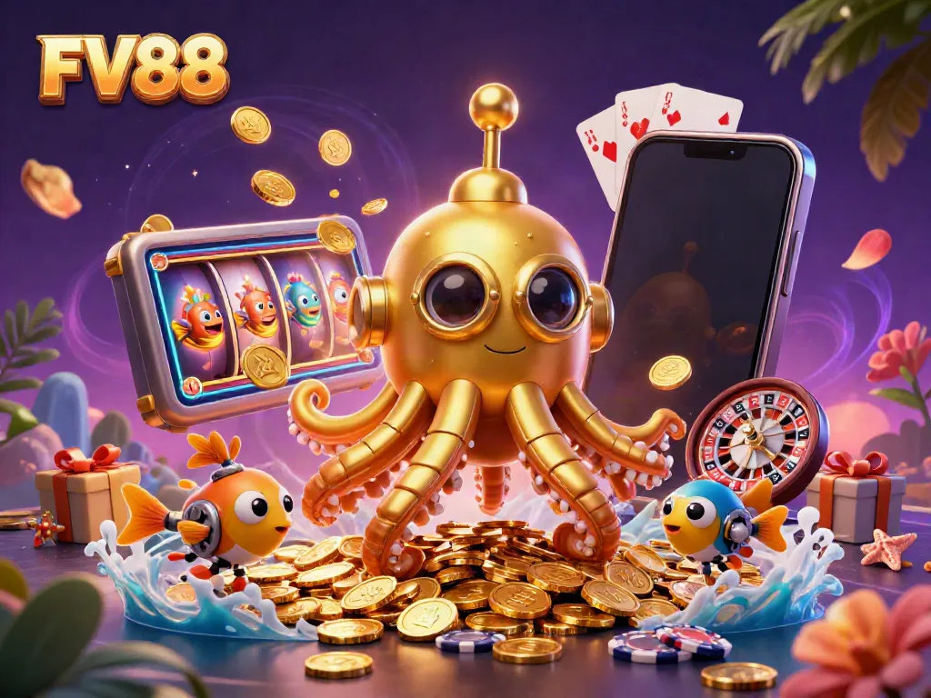 Experience the excitement of FV88 with captivating underwater gaming scenes and dynamic casino elements.