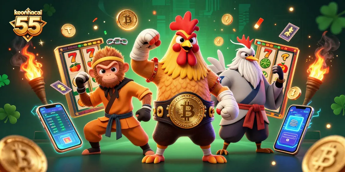 Experience thrilling action with keonhacai 55 as cartoon characters celebrate casino games and crypto.