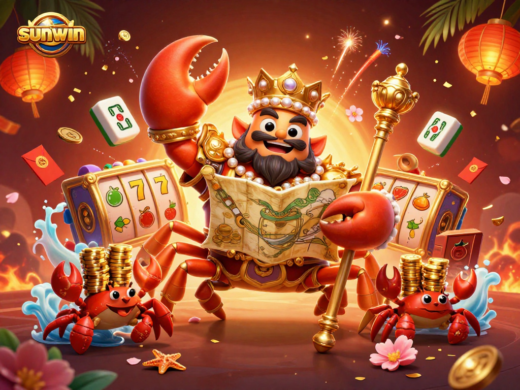 Engage with the sunwin slot experience through vibrant imagery featuring a crab emperor and treasure.