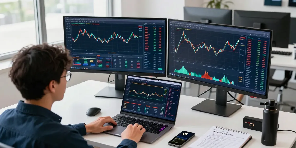 Online casinos in Canada featuring cryptocurrency trading and blockchain analytics in a modern office workspace