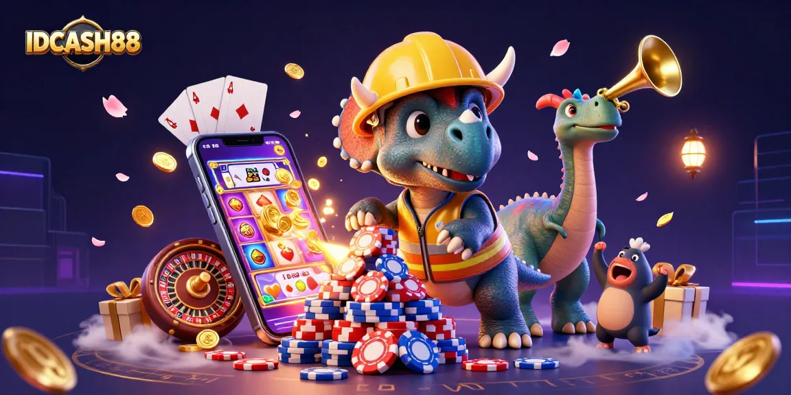 Engage with IDCASH88's vibrant 3D casino scene featuring a celebratory triceratops and dynamic gaming elements.