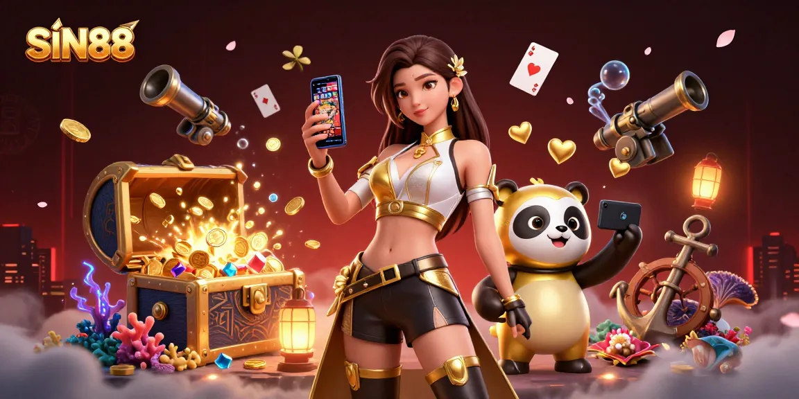 SIN88 showcases a vibrant casino atmosphere with 3D characters engaging in gaming excitement.