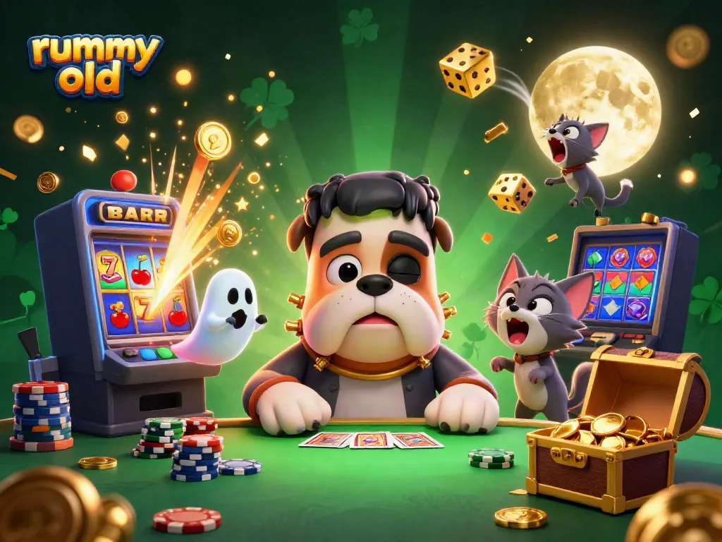 Platform Rummy Old menampilkan monster bulldog Frankenstein beraksi di meja permainan kartu
