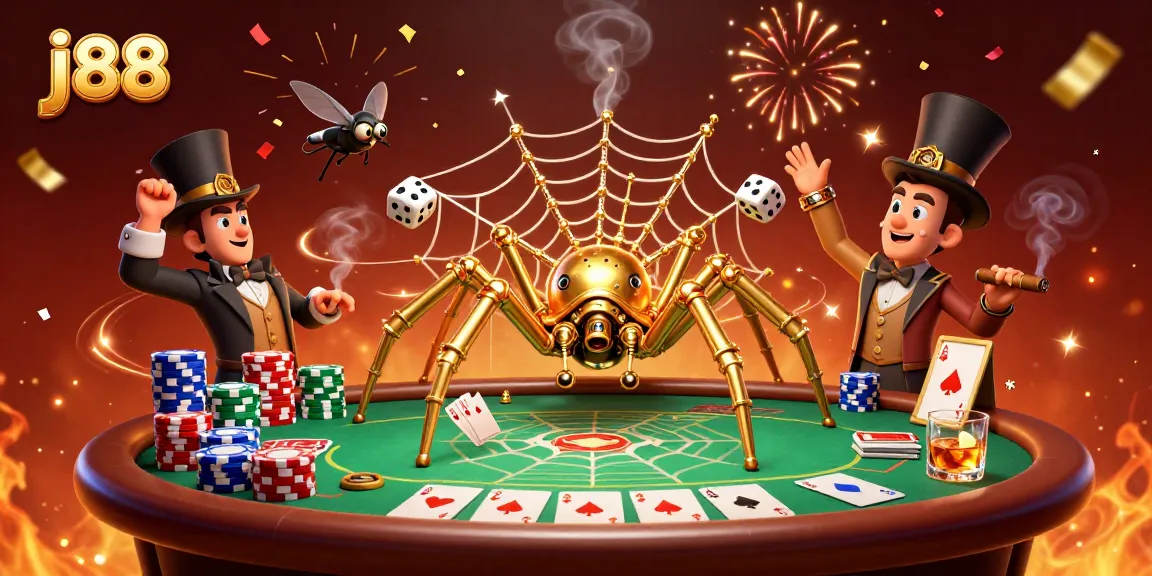 j88 golden spider weaves a web of poker chips and dice in a vibrant casino scene.