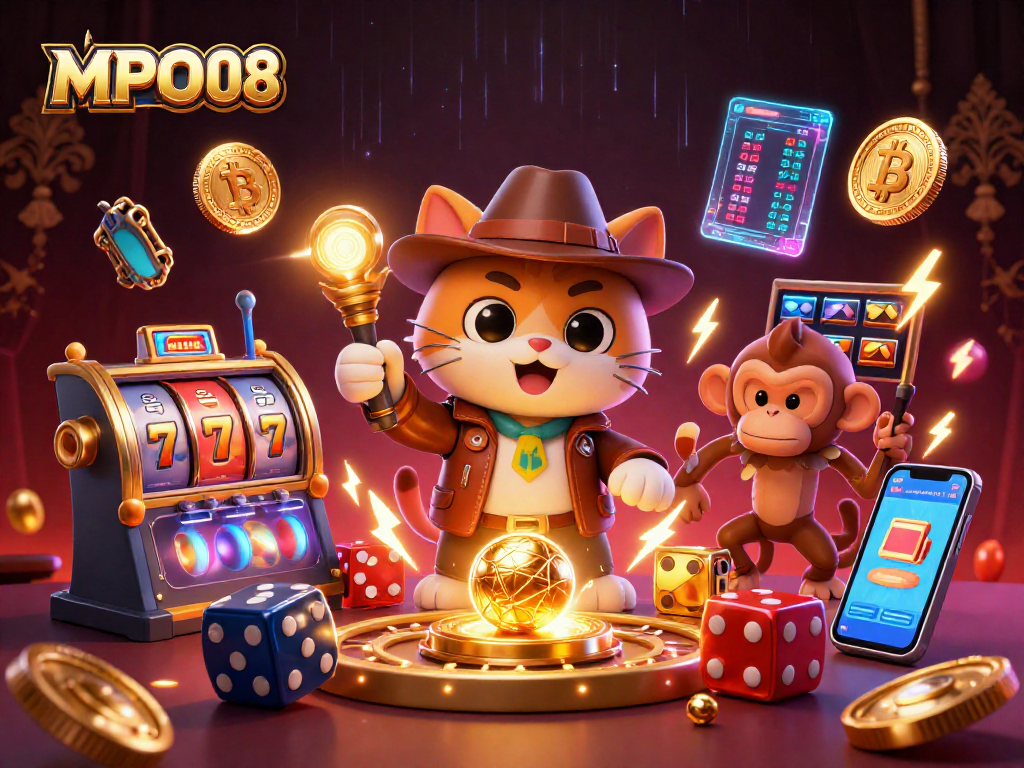 MPO08 interactive gambling scene with an archaeologist cat and monkey exploring golden artifacts amidst casino elements.