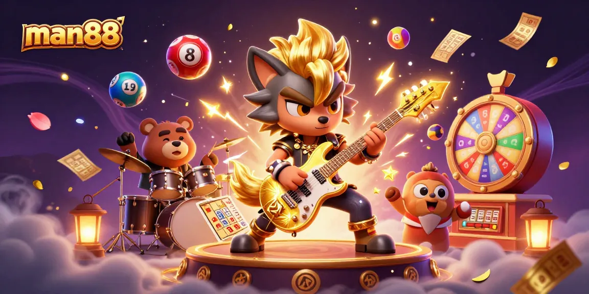 Experience excitement at man88 with a lively casino scene featuring colorful lottery elements and rock star characters.