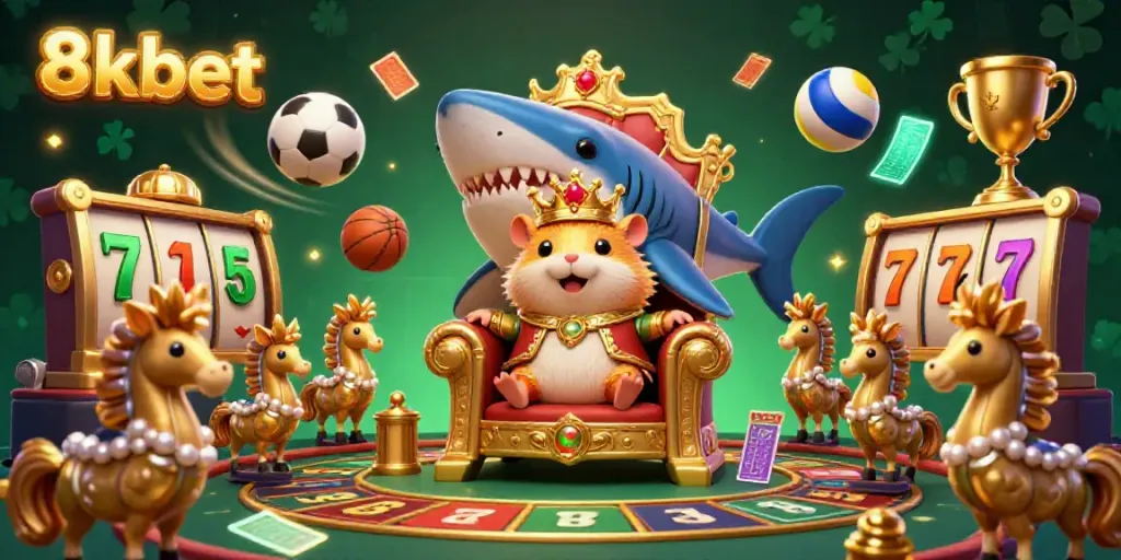 Experience the thrilling excitement of 8kbet with a golden hamster king ruling a dynamic casino scene filled with vibrant elements.