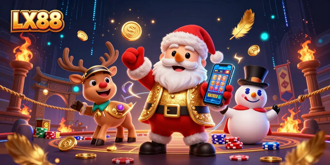 LX88 enhances the gaming experience with a vibrant scene featuring casino icons and festive characters.