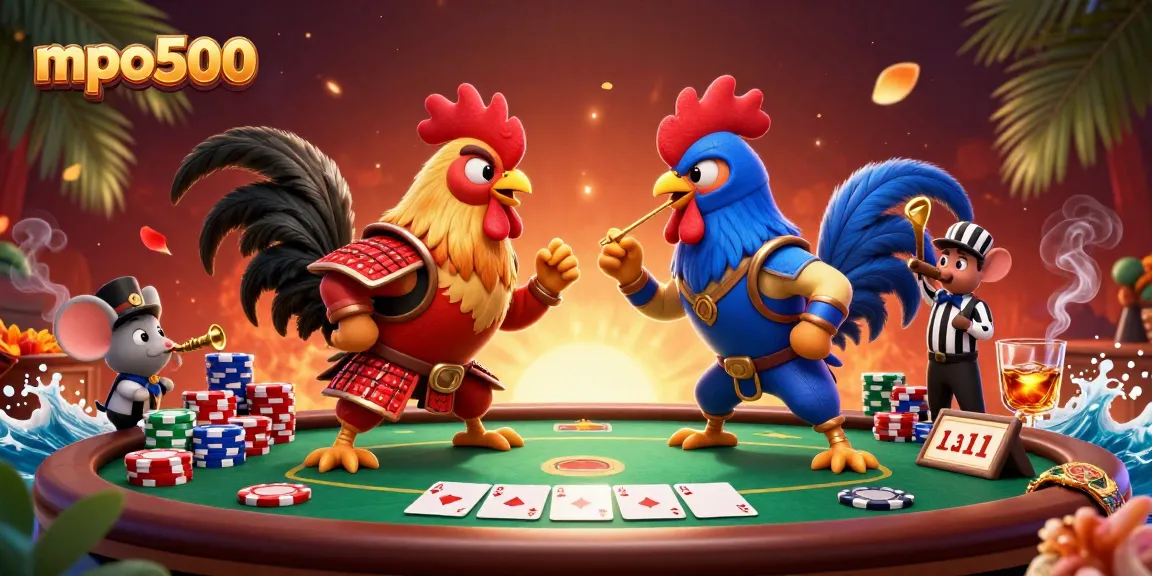 Watch the thrilling showdown of mpo500 themed roosters battling with poker chips in an exciting casino scene.