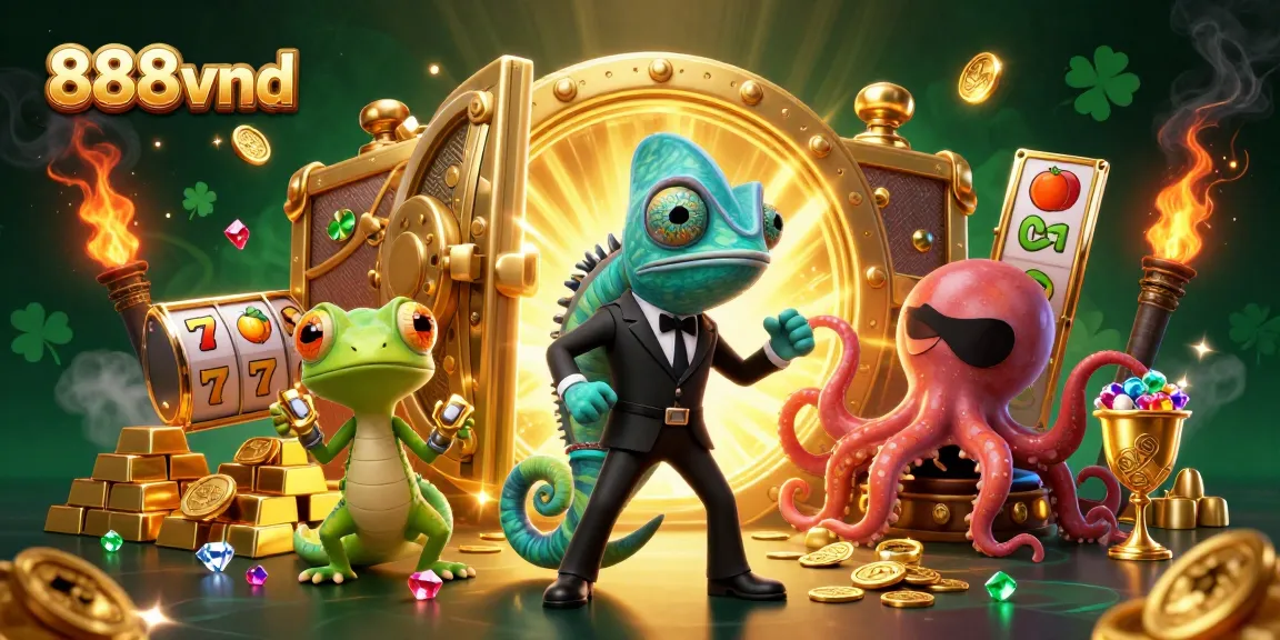 Engage with 888vnd's thrilling jackpot experience surrounded by vibrant casino elements and characters.