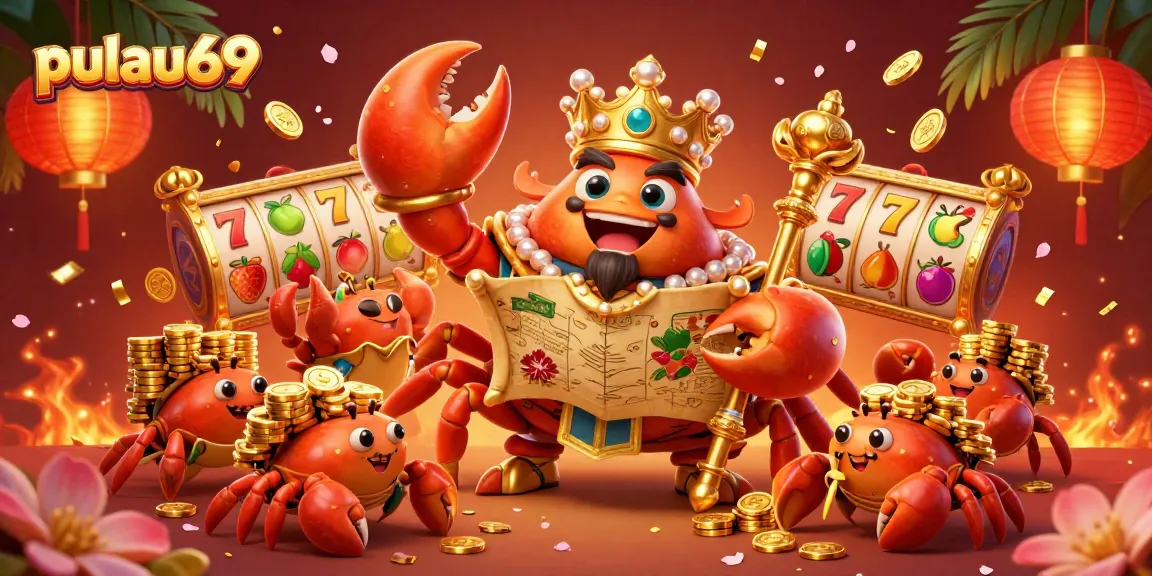 Engage with pulau69's vibrant slot gaming world featuring a majestic crab emperor and dynamic casino elements.