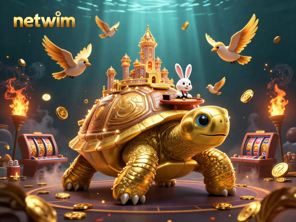 Experience excitement with netwim's 3D casino illustration featuring a golden tortoise and engaging game elements.