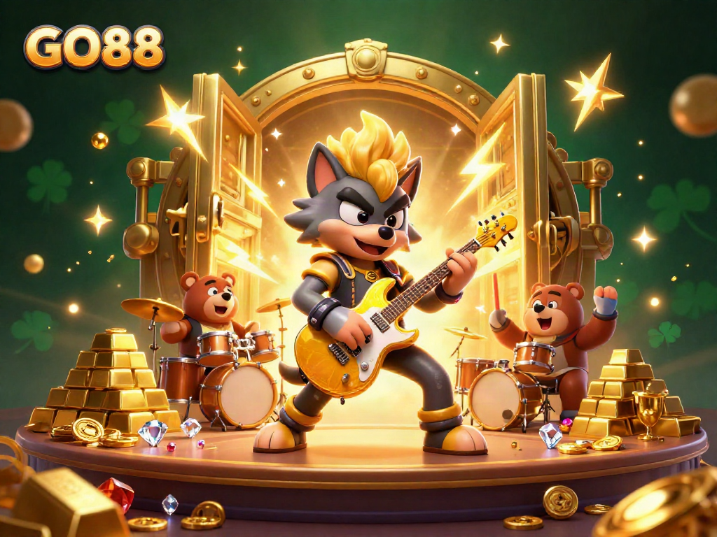 Experience the thrilling GO88 gaming world with vibrant 3D characters and gold treasures in this casino illustration.