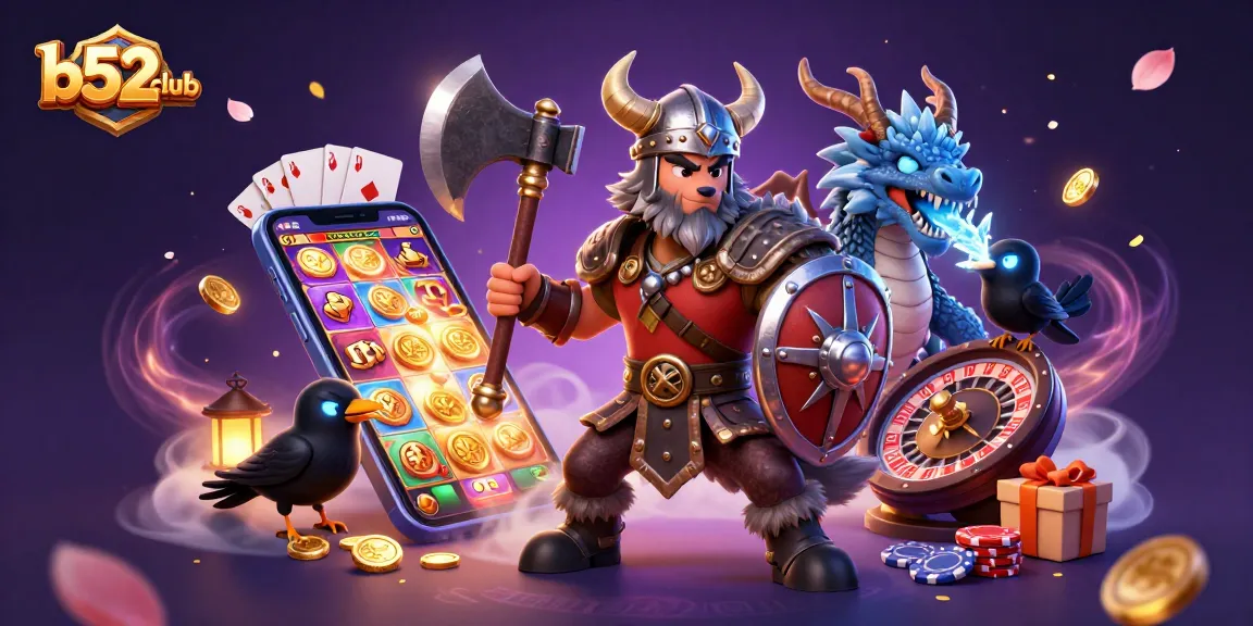 B52club players spin vibrant slot games while a Viking wolf warrior stands guard amidst treasures.