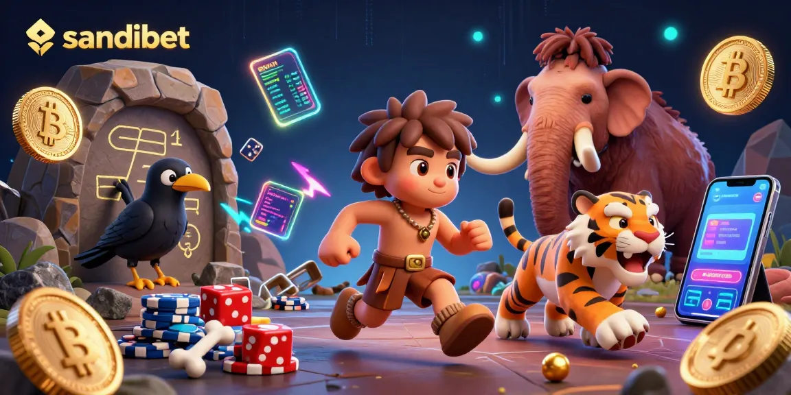 Engage with sandibet's online gaming scene featuring a vibrant prehistoric casino and crypto elements.
