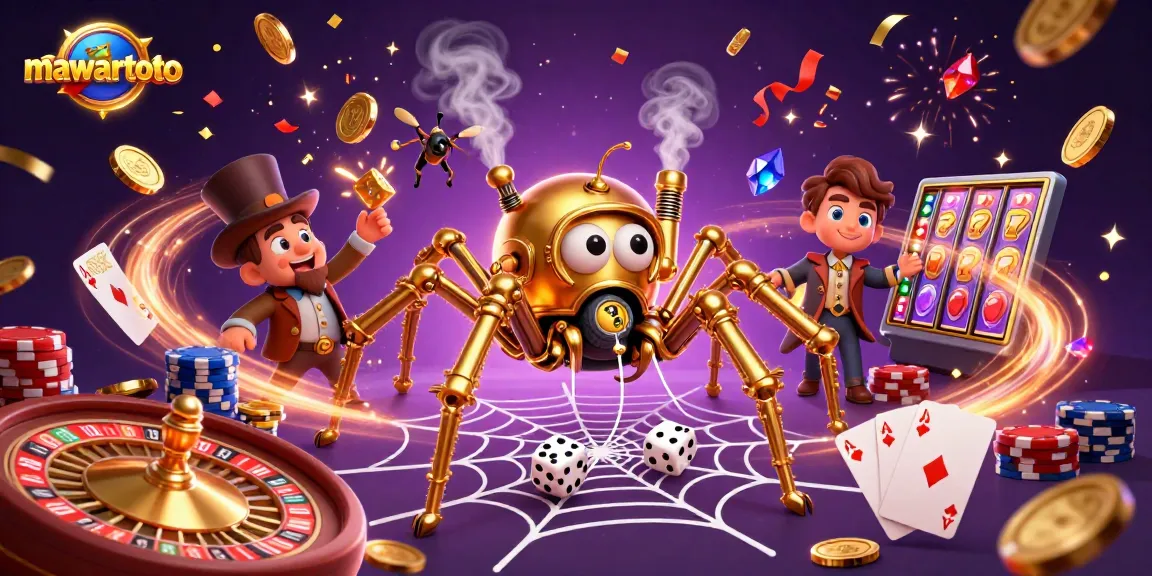 Play exciting games with mawartoto, featuring a steampunk spider and vibrant casino symbols.