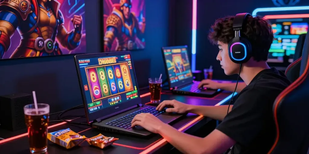Engaging slot888 gaming scene showcasing player excitement with vibrant reels, modern gaming setup, and immersive atmosphere.