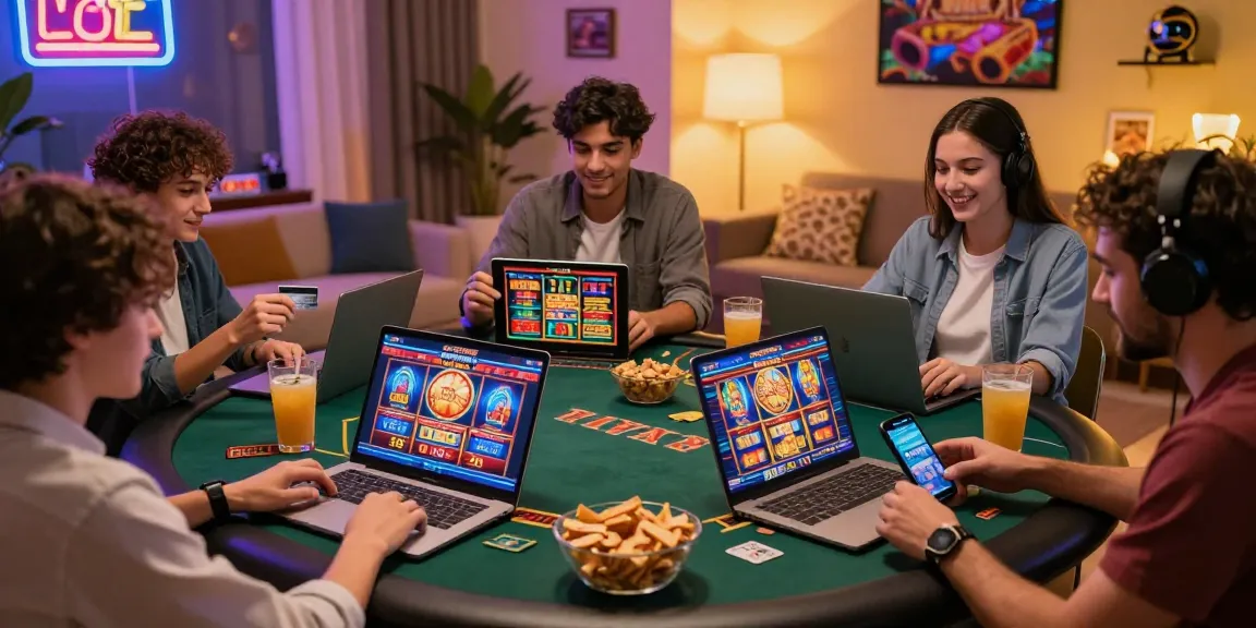 Players engaged with credit card casinos in a lively home setting, enjoying various games and a social atmosphere.