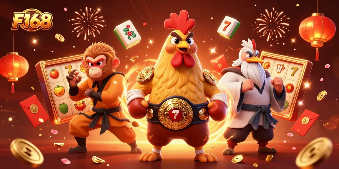 Win jackpots at F168 with a colorful scene of slot reels and festive characters.