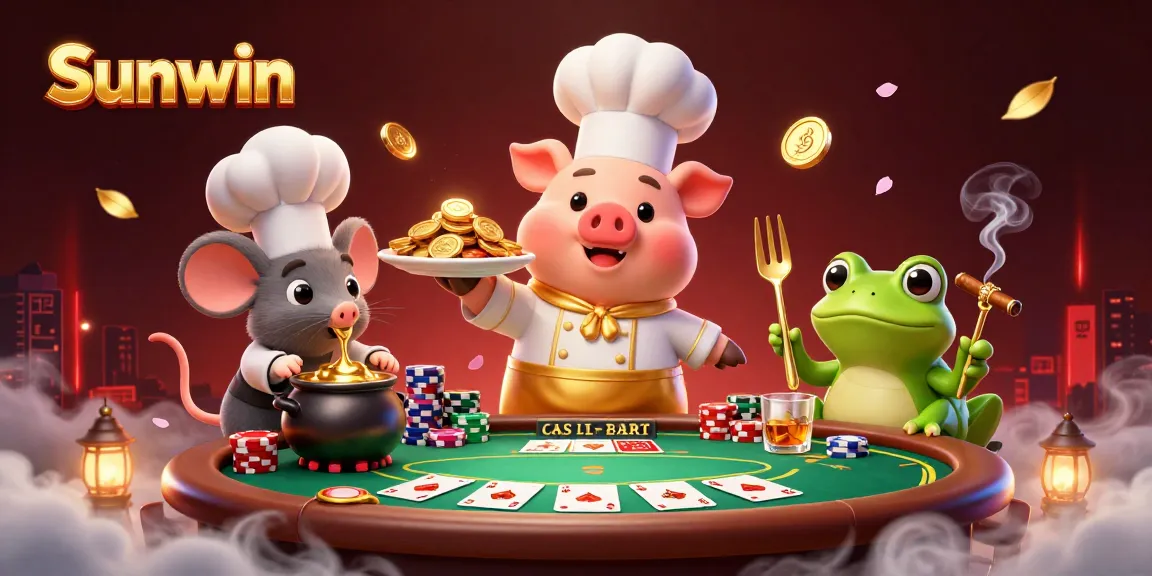 Sunwin chef pig serves gold coins at a lively casino scene with poker elements.