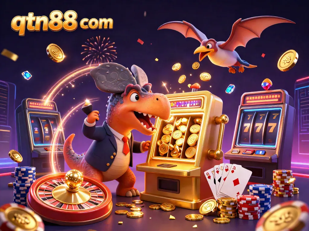 Experience thrilling jackpot wins with qtn88 com featuring playful dinosaur characters and vibrant casino elements.