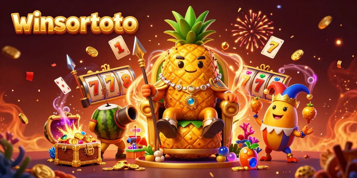 Experience winning thrills with winsortoto in this vibrant casino scene featuring a golden pineapple king and dynamic game elements.