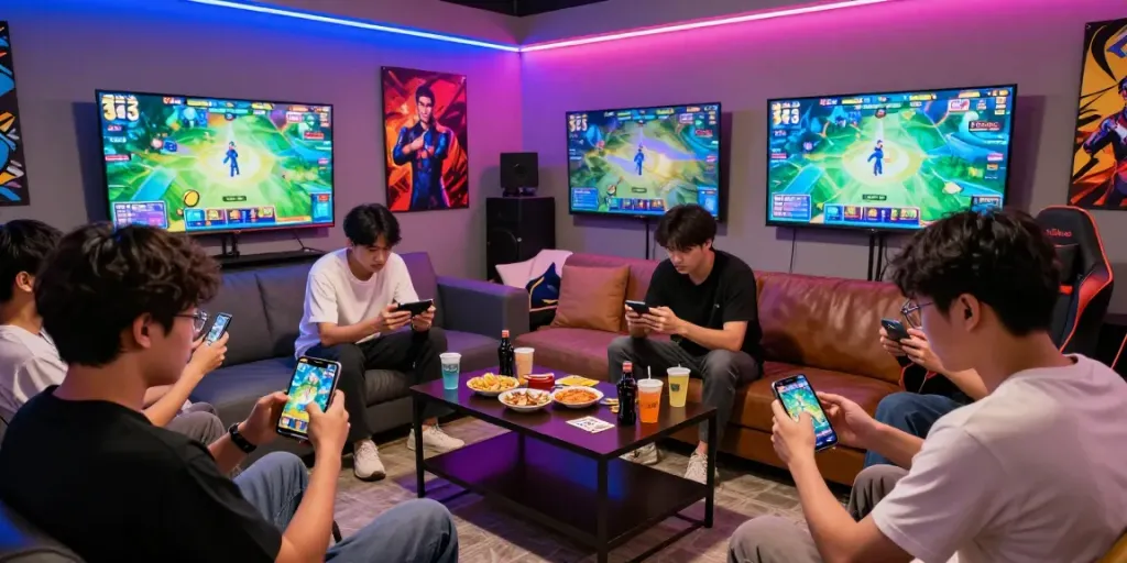 Friends enjoying 3 Patti No1 card games in a vibrant gaming lounge, highlighting excitement and community.