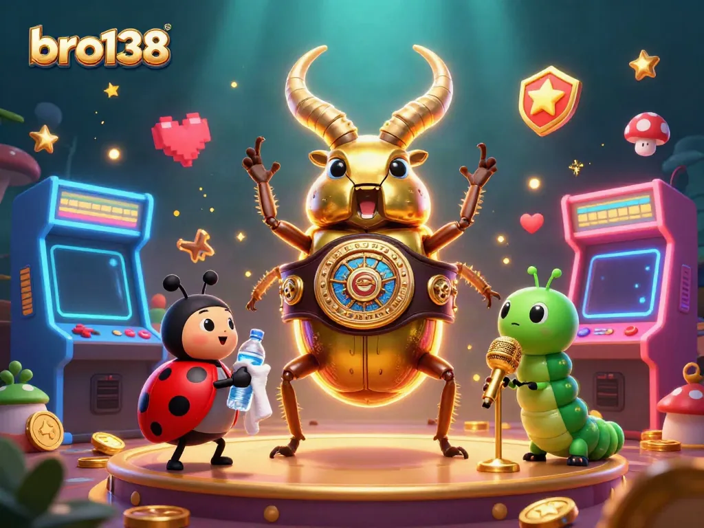 Join the battle for wins in bro138, featuring a golden stag beetle boxing champion with arcade games and vibrant casino elements.