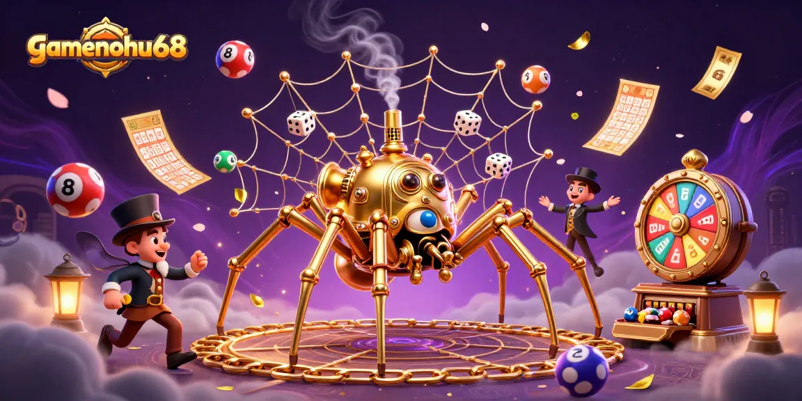 Experience thrilling gameplay at gamenohu68 with a whimsical steampunk scene featuring dynamic lottery elements.