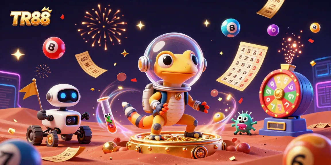 Experience TR88 gaming as a Martian gecko finds a golden casino in a dynamic cosmic scene.