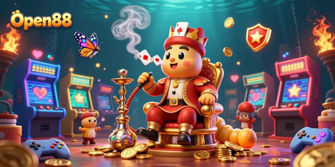 Experience gaming excitement with Open88, featuring dynamic characters and vibrant casino-themed elements.