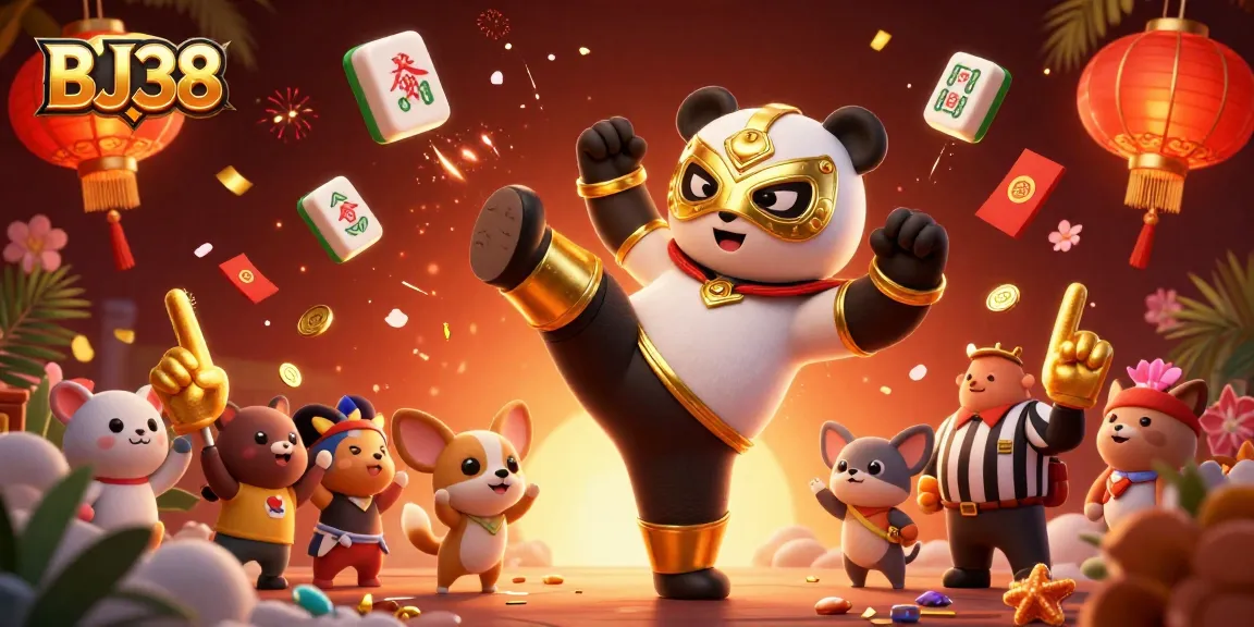 Experience high-stakes action at BJ38 with a panda wrestler and crowd celebrating casino victories.