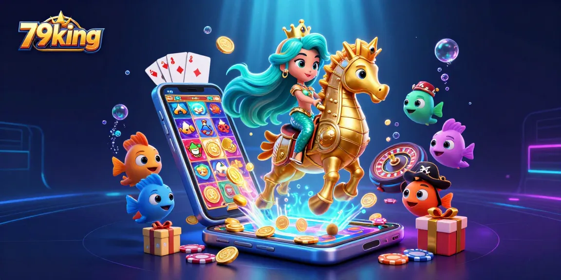 Spin the reels with 79king's vibrant mermaid and seahorse characters in a colorful underwater casino scene.