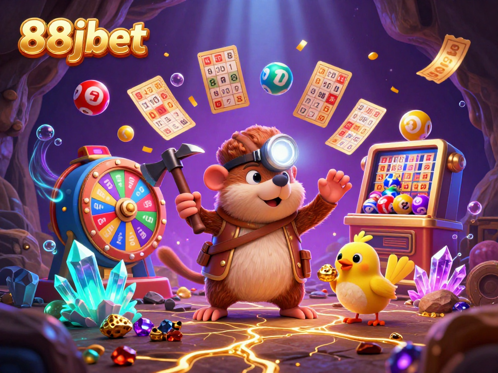 Engage in the vibrant 88jbet world of gaming with a treasure hunter mole and lottery balls in a dynamic scene.