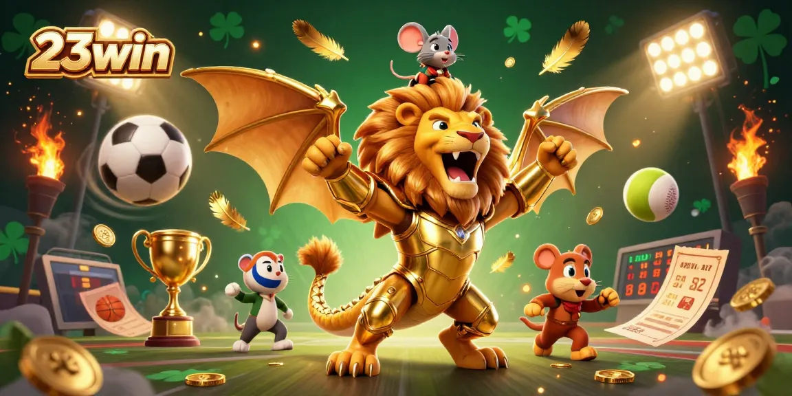 Engage in thrilling gaming at 23win with a triumphant chimera and dynamic sports elements in action.