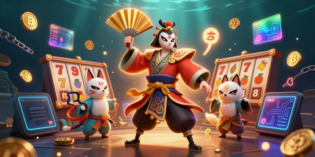 Permainan mahjong dengan elemen slot dan karakter mistis dalam ilustrasi 3D yang menarik